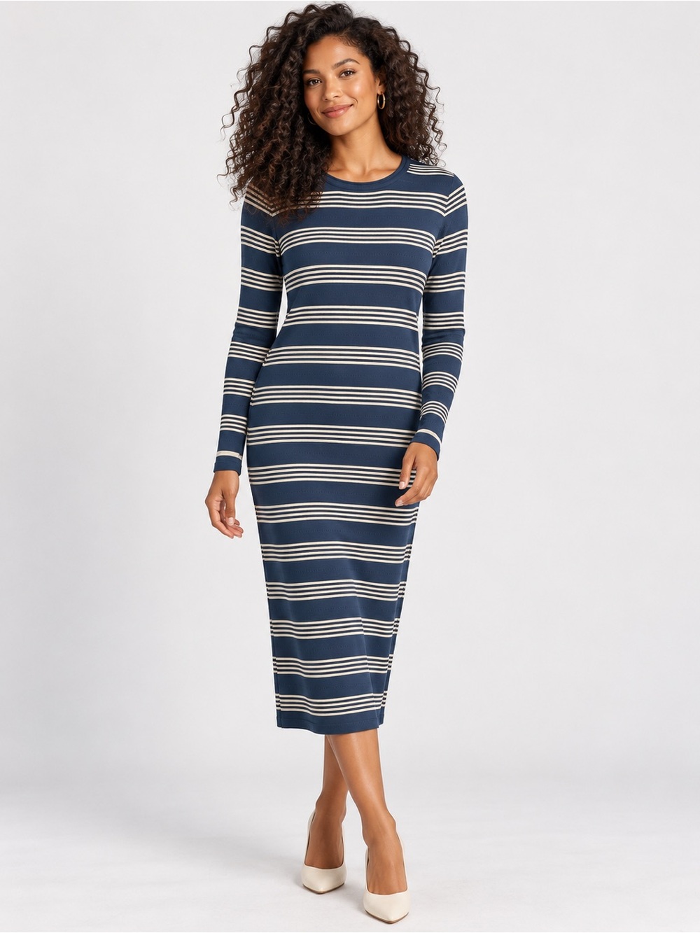 ZESICA Blue & White Striped Knit Midi Dress, Size M, NWT